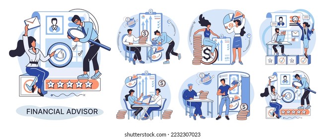 Financial advisor giving advice investment money market analysis management planning for customer. Fiscal consultant professional in finance. Business development successful vested interests metaphor