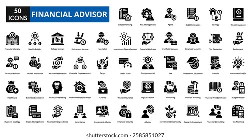 Financial Advisor glyph icon collection set. Includes meeting, office, financial, business, finance, talking, client, company, planning, consulting, investment, conversation