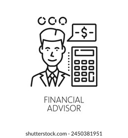 Financial advisor icon for finance management, budgeting and expenses analysis, line vector. Financial advisor or accounting consultant outline icon of man, money and calculator for finance analytics