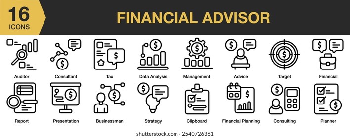 Ícone do Consultor Financeiro definido. Inclui consultoria, auditor, empresário, consultor, análise de dados e muito mais. Contornar coleção de vetores de ícones.