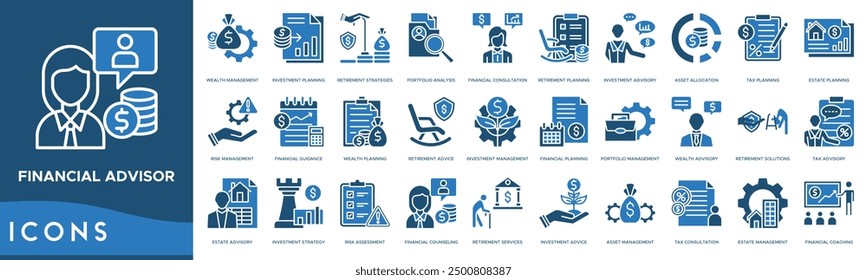 Financial Advisor icon. Wealth Management, Investment Planning, Retirement Strategies, Portfolio Analysis and Financial Consultation