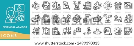Financial Advisor icon. Wealth Management, Investment Planning, Retirement Strategies, Portfolio Analysis and Financial Consultation