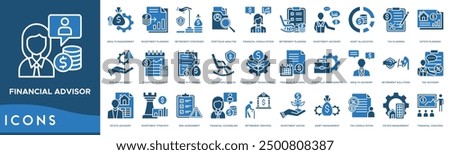 Financial Advisor icon. Wealth Management, Investment Planning, Retirement Strategies, Portfolio Analysis and Financial Consultation