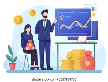 Financial Advisor Illustration, Giving Investment Advice to Clients. This illustration can be use for website, landing page, web, app, and banner.