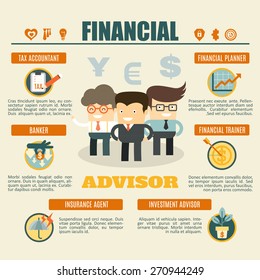 financial advisor infographics tax accountant, banker, investment advisor, money coach, insurance agent, financial planner