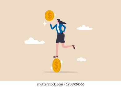 Financial advisor, investment consultant, success woman investor or finance professional concept, smart businesswoman balance on spinning dollar money coin.