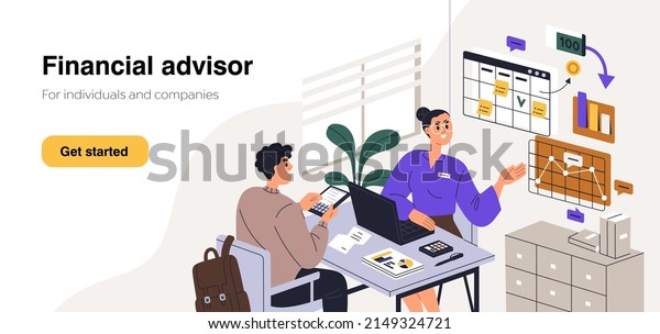 Financial advisor landing page. Website\
template of finance agent, money consultant. Accounting\
consultancy, online accountant expert service for tax law literacy.\
Flat graphic vector\
illustration