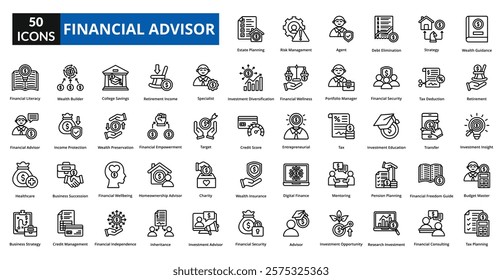 Financial Advisor line icon collection set. Includes meeting, office, financial, business, finance, talking, client, company, planning, consulting, investment, conversation