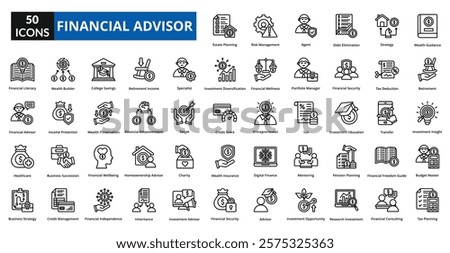 Financial Advisor line icon collection set. Includes meeting, office, financial, business, finance, talking, client, company, planning, consulting, investment, conversation