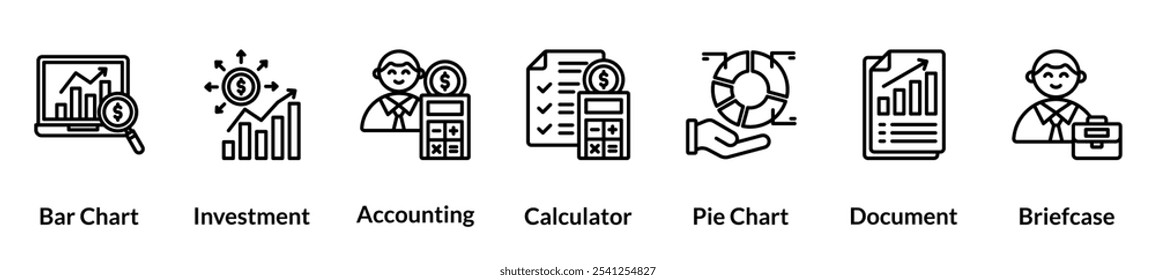 Conjunto de ícones da linha do Supervisor Financeiro. Gráfico de Barras, Investimento, Contabilidade, Calculadora, Gráfico de Pizza, Documento, Porta-arquivos