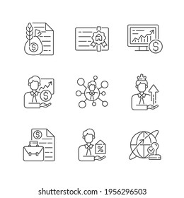 Iconos lineales del asesor financiero. Servicio de corredores de mercancías. Licencia profesional. Negociación de acciones en línea. Símbolos de contorno de línea delgada personalizables. Ilustraciones aisladas del contorno vectorial. Trazo editable