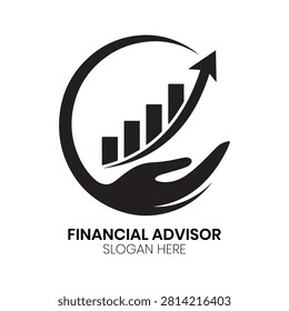 Financial Advisor logo presents a secure hand supporting a rising chart, symbolizing guided asset growth and prudent financial oversight. This elegant, professional graphic is perfectly suited for financial planners, wealth management consultants, investment coaches, banking professionals, or personal finance advisors needing a strong, reliable, and growth-oriented brand mark to inspire client confidence.