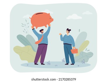Financial advisor and man holding huge piggy bank. Person investing money, depositing money in bank flat vector illustration. Finance, economy concept for banner, website design or landing web page