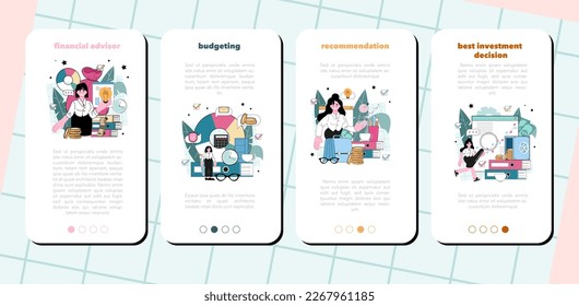 Financial advisor mobile application banner set. Corporate economic strategy and accounting consultancy. Office character analysing financial data for business development. Flat vector illustration