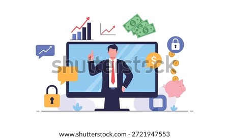 Financial advisor on a computer screen teaching about money management, savings, and investment strategies with helpful icons.