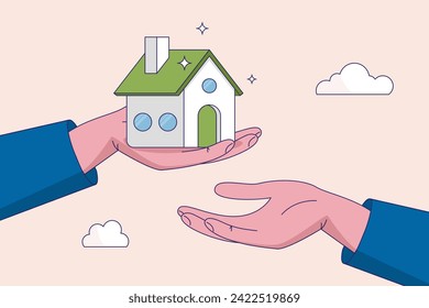 Financial advisor on legacy planning concept. Inherit house or real estate from parents, passing an inheritance to children, father giving house, wealth or property to his children small hand.