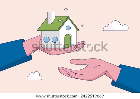 Financial advisor on legacy planning concept. Inherit house or real estate from parents, passing an inheritance to children, father giving house, wealth or property to his children small hand.