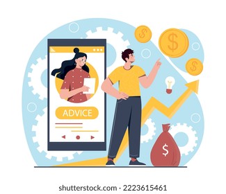 Asesor financiero en línea. Un hombre al lado de un smartphone analiza las monedas. Cálculo de ingresos, integridad financiera y economía. Asistente y consultor, contable. Dibujo vectorial plano de dibujos animados