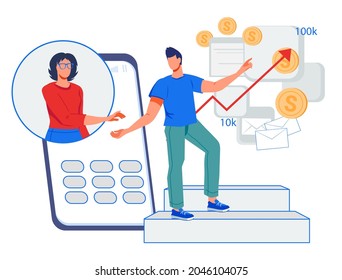 Financial Advisor Online Service With Businessman Getting Professional Online Consultation. Financial Consultant Calculating Future Income And Growth, Flat Vector Illustration Isolated On White.