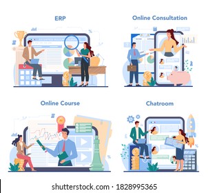 Financial Advisor Online Service Or Platform Set. Business Character Consulting Of Financial Operation. Online Consultation, Course, Chatroom, ERP. Isolated Flat Vector Illustration