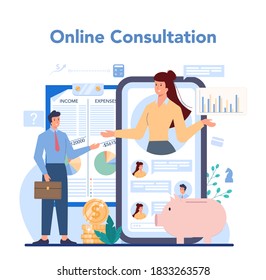 Financial Advisor Online Service Or Platform. Business Character Consulting Of Financial Operation. Online Consultation. Isolated Flat Vector Illustration