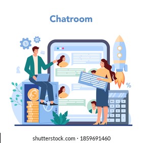 Financial Advisor Online Service Or Platform. Business Character Consulting Of Financial Operation. Online Chatroom. Isolated Flat Vector Illustration