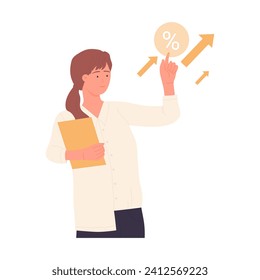 Asesor financiero que apunta al crecimiento de las tasas de interés. Ilustración vectorial de la caricatura de inversión en dinero empresarial
