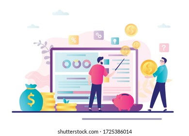 Financial advisor provides analytics to businessman on monitor screen. Male client consult about invest strategy, finance planning. Analysis,investment and money management concept.Vector illustration