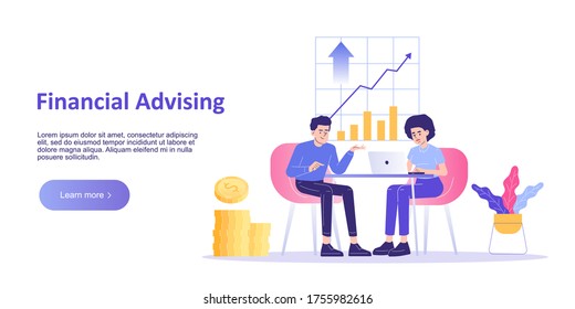 Financial advisor service concept. Giving financial consultation to customers. Business analysis. Professional help. Landing template. Homepage. Isolated modern vector illustration for web banner