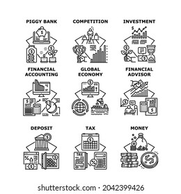 Asesor Financiero Establece Iconos Vectores Ilustraciones. Asesora Financiera Y Competencia Económica, Depósito De Dinero E Impuestos, Contabilidad Financiera Y Banco Portátil. Ilustración negra de la inversión en dinero