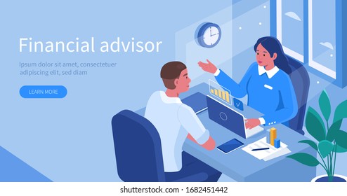 Financial Advisor Sitting At Office Desk And Talking With Client. Man Meeting Lawyer For Advice. Woman Business Consultant Analyzing Financial Report. Flat Isometric Vector Illustration.