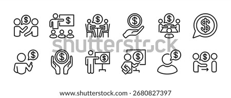 Financial advisor thin line icon set. Contains finance or financial conversation, communication, meeting, guide, guidance, discussion, leader, and help, loan fund. Vector illustration