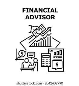 Financial Advisor Vector Icon Concept. Financial Advisor Researching Financial Report And Giving Advice For Client. Businessman Professional Finance Consultation Black Illustration