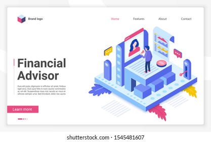Financial advisor vector isometric landing page template. Business strategy website homepage interface layout. Investment advisory, consulting. Budget planning web banner, webpage 3D concept