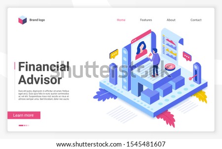 Financial advisor vector isometric landing page template. Business strategy website homepage interface layout. Investment advisory, consulting. Budget planning web banner, webpage 3D concept