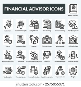financial advisor vector line icon set