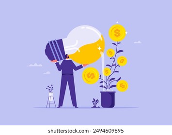 Financial advisor or wealth management concept. idea make money to get rich, increase earning and income, investment profit growth, businessman investor watering money tree with water from lightbulb