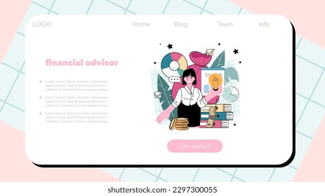 Financial advisor web banner or landing page. Corporate economic strategy and accounting consultancy. Office character analysing financial data for business development. Flat vector illustration