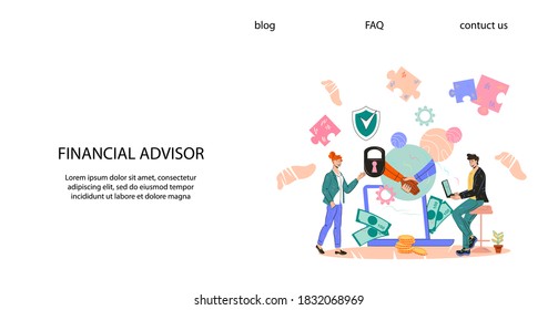 Financial advisor website banner template with businessman meeting financial consultant for professional advice. Business consulting and investments, flat cartoon vector illustration.