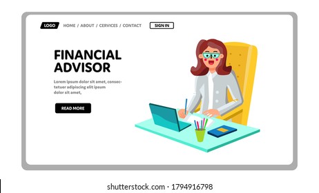 Financial Advisor Work In Office Workplace Vector. Financial Advisor Businesswoman Working On Laptop With Finance Report. Character Financier Business Web Flat Cartoon Illustration