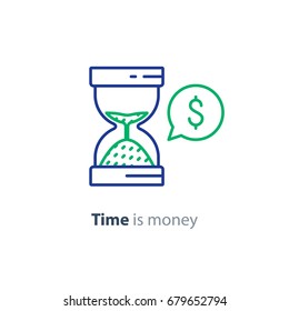 Financial advisory, business consulting, investment assistance, finance guidance, time is money, hour glass vector mono line icon