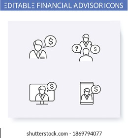 Financial advisory line icon set.Including remote consulting,finance advisor,consultation and more.Finance consulting.Capital management and improvement. Isolated vector illustrations.Editable stroke 