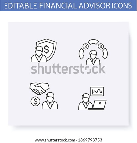 Financial advisory line icon set.Including private banker, insurance agent, stockbroker and more. Finance consulting.Capital management and improvement. Isolated vector illustrations. Editable stroke 