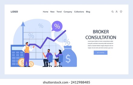 Financial Advisory web or landing. Engaging broker consultation for investment strategies, with an emphasis on market trend analysis and portfolio optimization. Flat vector illustration.