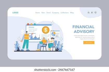 Financial Advisory web or landing page. Expert guidance for wealth growth and investment strategies. Professionals offering personalized financial analysis and advice. Flat vector illustration.