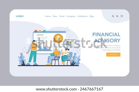 Financial Advisory web or landing page. Expert guidance for wealth growth and investment strategies. Professionals offering personalized financial analysis and advice. Flat vector illustration.