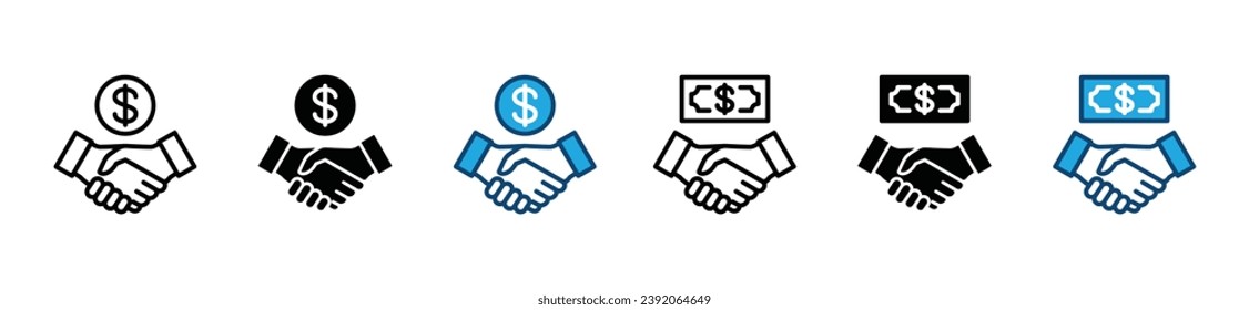 Financial agreement icon in thin line and flat style. Business agreement handshake with money sign and symbol for apps and websites. Vector illustration	
