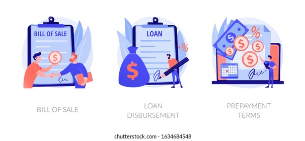 Financial agreement signing flat icons set  Legal document  business papers  Bill sale  loan disbursement  prepayment terms metaphors  Vector isolated concept metaphor illustrations 