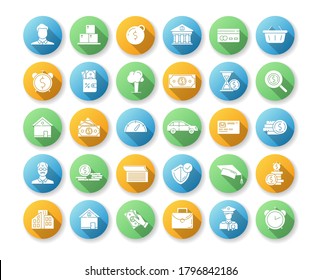 Financial aid flat design long shadow glyph icons set. Business investment. Financial operation. Monetary gain. Deposit money. Mortgage cash. Revenue and benefit. Silhouette RGB color illustration