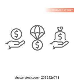 Financial aid and help vector icon set. Parachute money delivery, giving ang donation or sponsorship line icons.